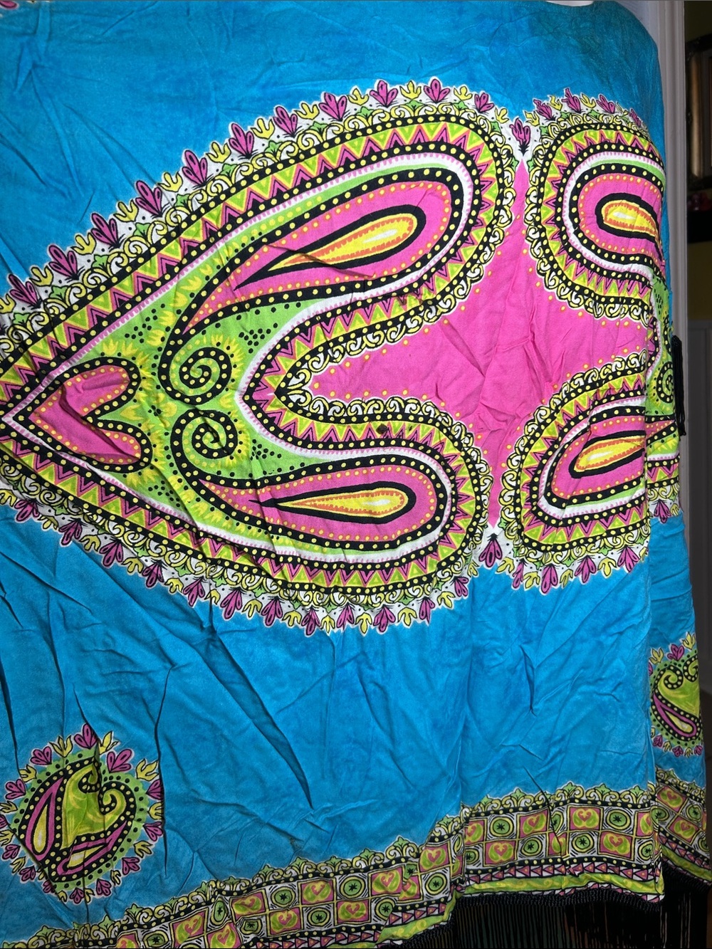 Original 100% Rayon Vibrant Turquoise & Pink Paisley Fringe Poncho - Picture 5 of 7